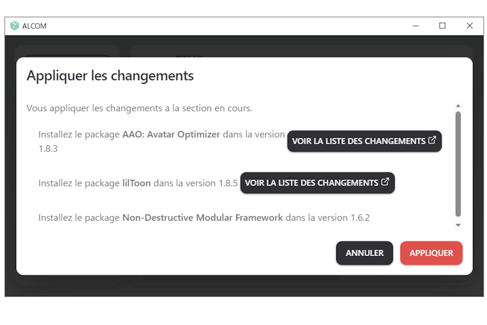 ALCOM montrant le boutton CHANGELOG